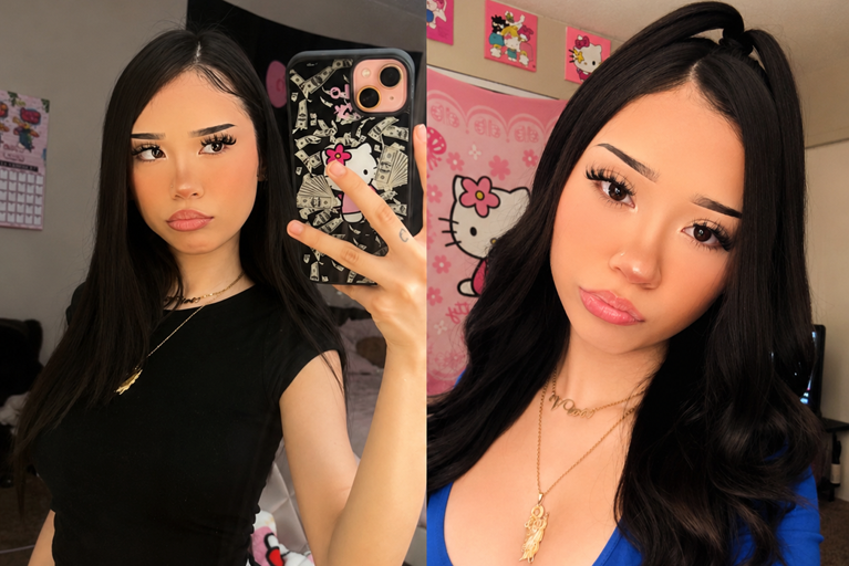 vivi2freaky mirror selfie showing her signature dark aesthetic, long black hair, and stylized eyelashes next to a close-up portrait in a blue top.
