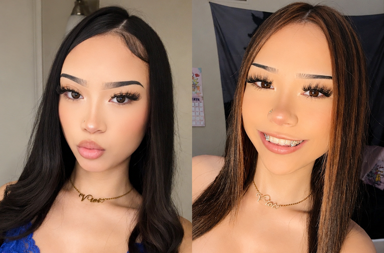 TikTok star Vivi showing a comparison of her long black hair aesthetic and a smiling portrait featuring light brown hair highlights and a gold name necklace.